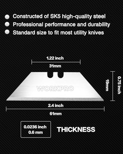 WORKPRO Utility Knife Blades, 100-Pack SK5 Steel Blades with Dispenser | Premium Steel Standard Blades for Box Cutter, Ideal for Cardboard, Leather, Carpet, Rope, Soft Metal, Pipe, etc