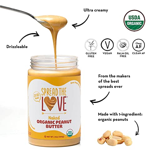 Spread The Love NAKED Organic Peanut Butter, 16 oz Jar, 1 Pack