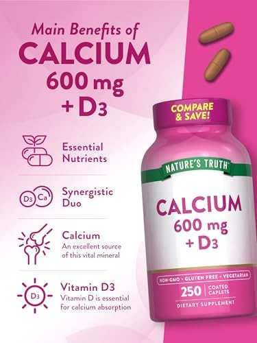 Nature's Truth Calcium 600mg with Vitamin D3 | 250 Caplets | Calcium Carbonate | Vegetarian