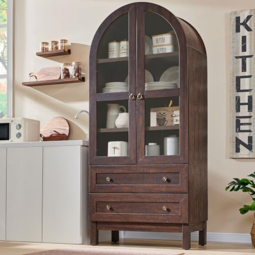 IFGET 71" Tall Arched Kitchen Pantry, Modern Farmhouse Wood Kitchens Storage Cabinets with 2 Large Drawers and Adjustable Shelves, Versatile Cupboard for Kitchen, Dining Room, Bathroom, Natrual