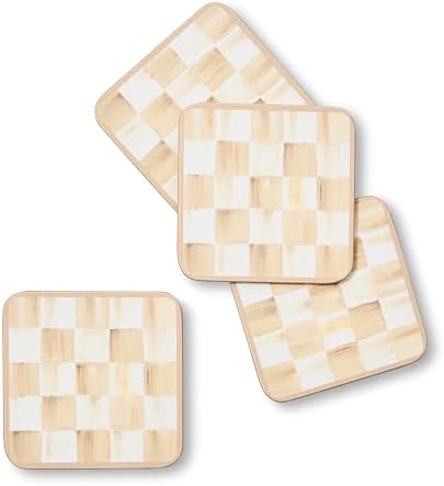 MACKENZIE-CHILDS Square Coasters Set, Black-and-White Courtly Check | Hand-painted design, made from MDF with a cork back, table coasters for drinks, 4" square, set of 4