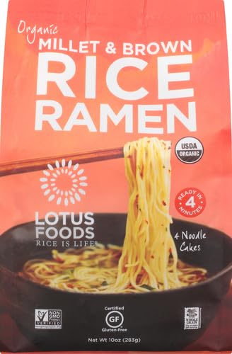 Lotus Foods Organic Millet and Brown Rice Ramen - 10 Oz Bag (Pack of 1) | Noodles, Gluten Free Instant Ramen Noodles, Vegan, Low Sodium, Made with Brown Rice Flour and Millet Flour