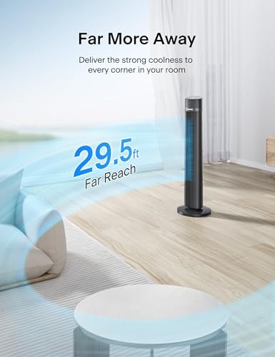 PELONIS 40-inch Bladeless Tower Fan for Bedroom, Standing Fan with Remote Control, 26ft/s, 90° Oscillation, 3 Speed Settings, 27 dB, 3 Modes