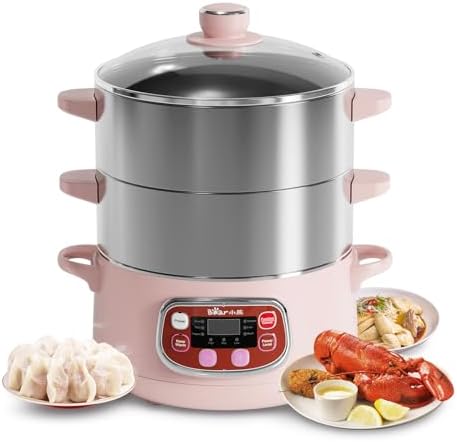 Bear Electric Multifunctional Food Steamer, One Touch Digital Steamer with Timer, Vegetable Steamer 2 Tiered Stackable Stainless Steel Baskets