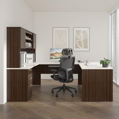 Bestar U Shaped Desk with Drawers, Hutch, and Keyboard Tray, Executive Workstation for Home or Professional Office, 65 Inches, Ridgeley Collection, White Chocolate
