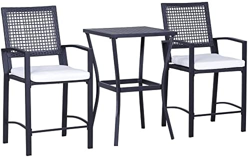Outsunny 3pcs Patio Bar Set with Soft Cushion, Rattan Wicker for Poolside | Outdoor Furniture Set, for Backyards, Lawn, Deck
