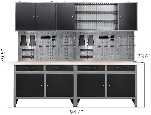 Storage Workbench System Set with Lockable Cabinet, Includes Metal Wall Cabinets Pegboards & Hooks, Wood Worktop for Garage Office Repair Shop