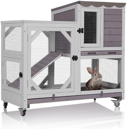 Indoor Rabbit Bunny Hutch Outdoor, Guinea Pig Cages with Removable Bottom Wire Netting - Easy Clean