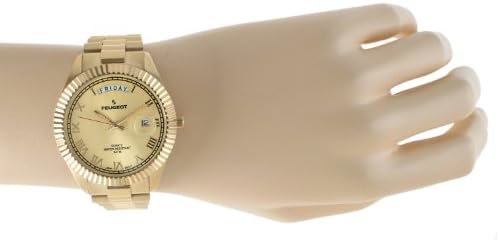 Peugeot Men's Stainless Steel Big Face Luxury Watch with Day Date Windows, Roman Numerals & Coin Edge Fluted Bezel Watch