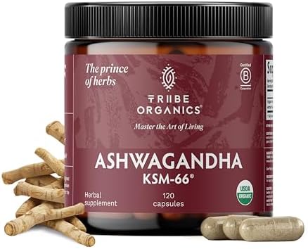 TRIBE ORGANICS Ashwagandha KSM 66 Pure Organic Root Powder Extract Ayurvedic Supplement - Focus, Mood Support, Increase Energy, Strength