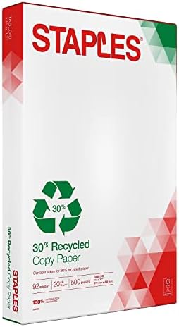 Staples 30% Recycled 8.5-Inch X 11-Inch Copy Paper 20 Lbs 92 Brightness 500/Ream, For Office, School & Home