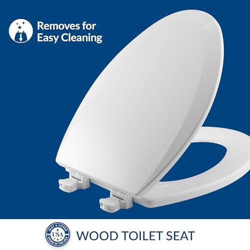 Bemis 1500EC 390 Lift-Off Wood Elongated Toilet Seat, Cotton White (Pack of 1) | Durable enameled wood resists chipping & scratching, fits all standard elongated toilets, Made in USA, 1500EC 390