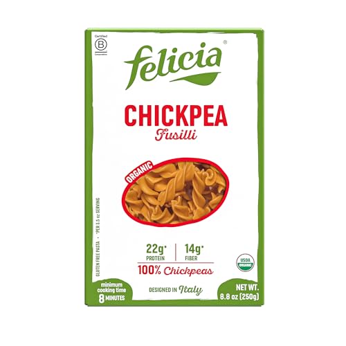 Felicia Chickpea Fusilli Gluten Free Pasta, 22G Protein, 8.8 Oz, 6 Pack | Organic, High Fiber, 14G Fiber, Made from 100% Chickpeas, Plant Based