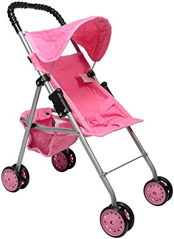 The New York Doll Collection My First Doll Stroller with Basket & Heart Design Foldable Doll Stroller, Pink