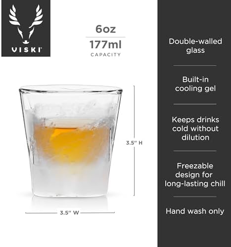 Viski Glacier Whiskey Glass, Double Walled Chilling Whiskey Glass, Active Cooling Gel, 6 Ounces, Clear Glass, Chilling Technology, Set of 1