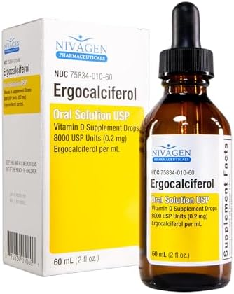 Nivagen Vitamin D2 Liquid Drops 8, 000 USP (Ergocalciferol) | 400 IU per Serving | 2 Drops Once Daily | 1, 200 Servings