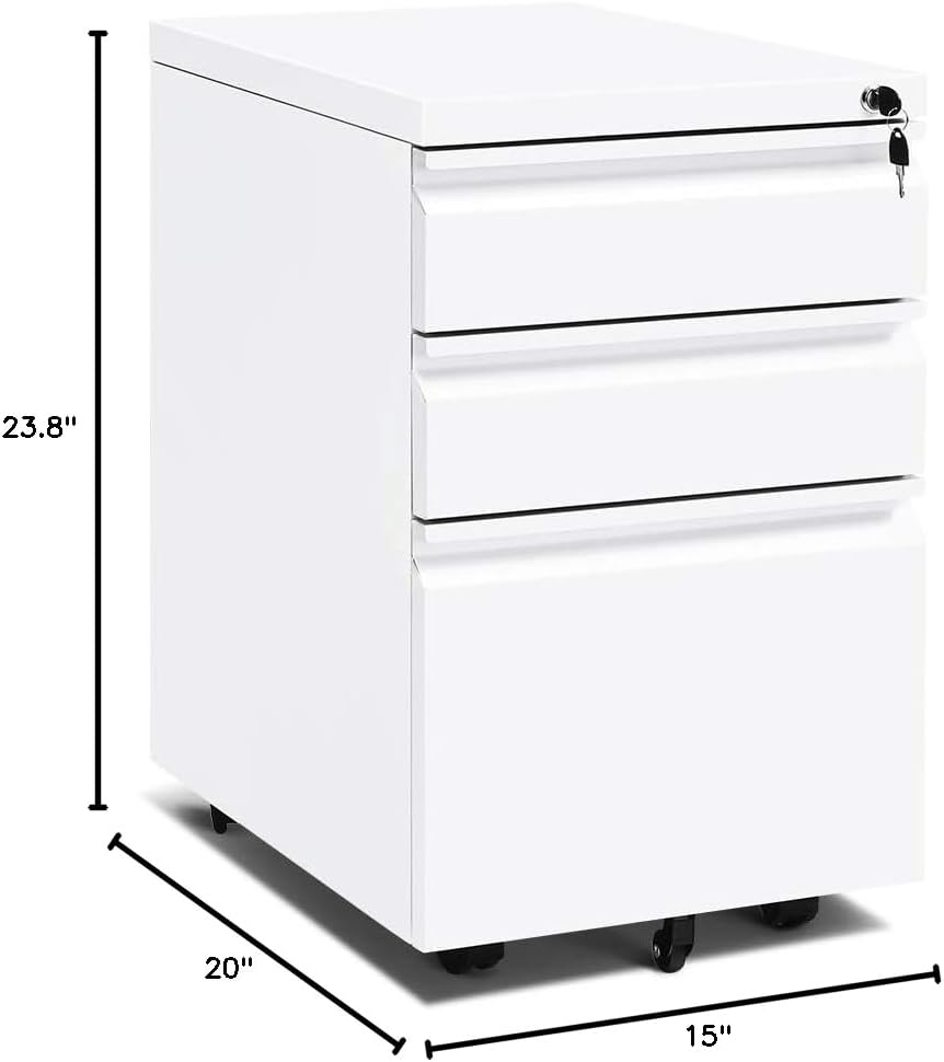 3 Drawer Filing Cabinet with Lock, White Mobile File Cabinet with Wheels, Rolling Small Metal Cabinets Under Desk for Home Office, Assembled