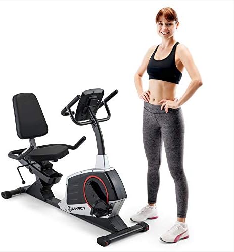 Marcy Regenerating Recumbent Exercise Bike with Adjustable Seat, Pulse Monitor and Transport Wheels ME-706