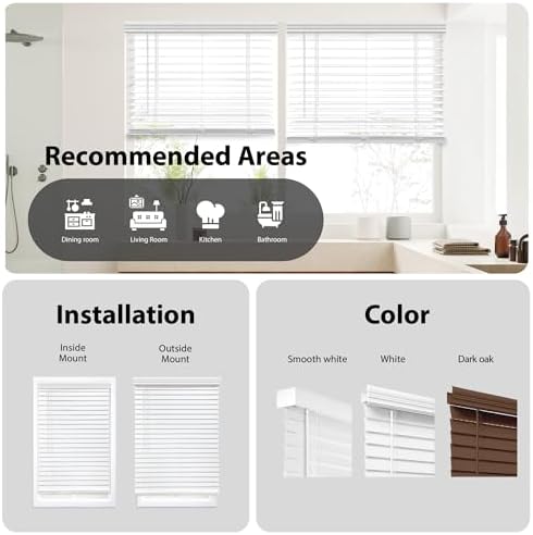 DEZ FURNISHINGS Cordless 2" Faux Wood Blind, 25" W x 64" H, White
