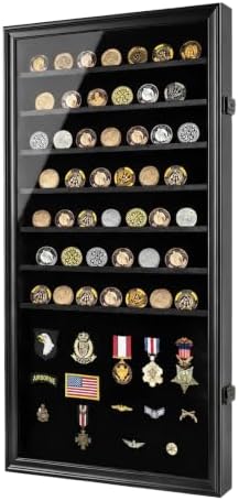 Jinchuan Military Challenge Coin Display Case Lockable Cabinet Rack Holder Shadow Box with Removable 2 Grooves Shelves and Anti Dust Door for Casino