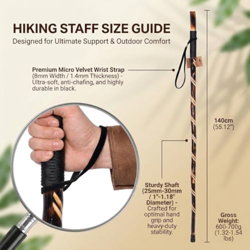 FOREST PILOT Handcrafted Nature Wood Hiking Stick 55 Inches Long - with Hand Strap and Rubber Tip Cover - Transparent Waterproof Painting Coating