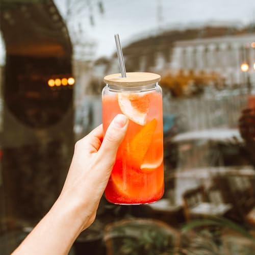 YOUKE OLA 20 Pack Glass Cups with Bamboo Lids and Metal Straw Can Shaped Drinking Glasses, Glass Tumbler Reusable Cute Cups for Whiskey, Iced Coffee