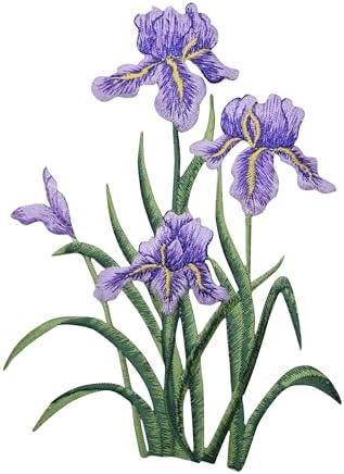 Purple Iris Flower Iron On Patch, Large Embroidered Floral Applique for Jackets, Denim, Backpacks & Crafts, 6 inch Tall x 4.62 inch Wide