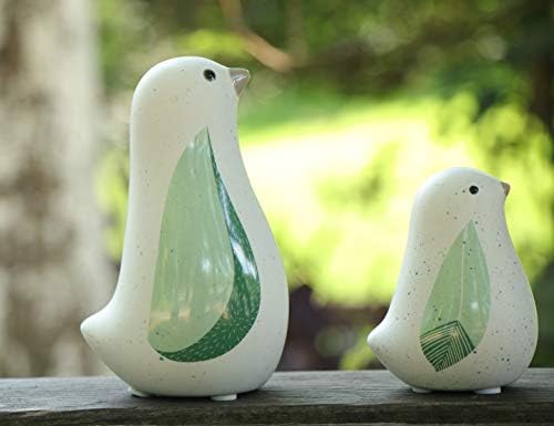 Unique Sitting Birds Figurines with Green Leaf Wings, Animal Statues, Home Garden Décor Tabletop Ornament A (Set of 2)