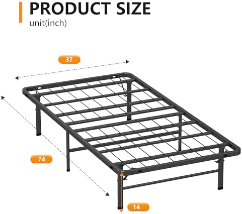 BestMassage | Twin Bed Frame | Metal | Heavy Duty Steel Slats with 6 Legs | Foldable | Sturdy, No Box Spring Needed | Easy to Assemble with Under-Bed Storage | Furniture for Home, Dorms
