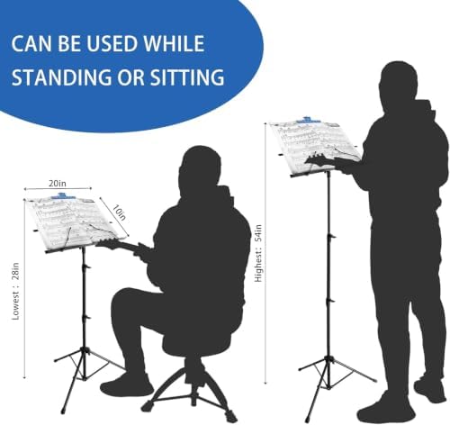 EASTROCK Foldable Sheet Music Stand, 28"-54" Adjustable Height | Lightweight Metal, 2-in-1 Desktop and Floor Stand, with Carrying Bag and Clips