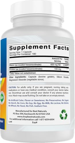 Best Naturals Flush-Free Niacin Inositol Hexanicotinate 500 mg 180 Capsules