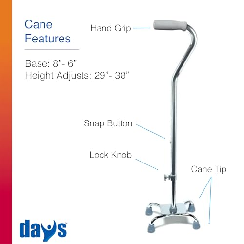 Days Quad Cane with Wide Base – Adjustable Walking Cane for Men & Women, Aluminum 4-Prong Walking Stick for Seniors with Slip-Resistant Rubber Tips, Lightweight & Self-Standing Mobility Aid