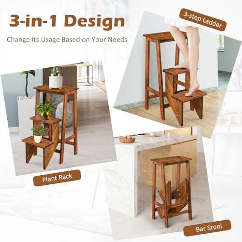 Costzon Folding 3 Step Stool, 3 in 1 Wooden Step Ladder with Handle, Non-Slip Pedal, Multifunctional Storage Shelf, Flower Rack for Kitchen, Library, Garage, Foldable Step Stool for Adults Kids