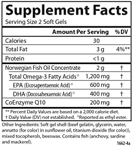 Carlson Super Omega-3 Gems + CoQ10, 1200 mg, Omega-3s, 60 Softgels | 200 mg CoQ10; Norwegian; Wild Caught; Sustainably Sourced