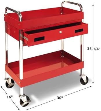 Performance Tool W54004 Two-Shelf Utility Cart with Locking Drawer | Red rolling tiered storage cart with wheels. 350 lb load capacity. Swivel casters. 28x16 inch deep shelves