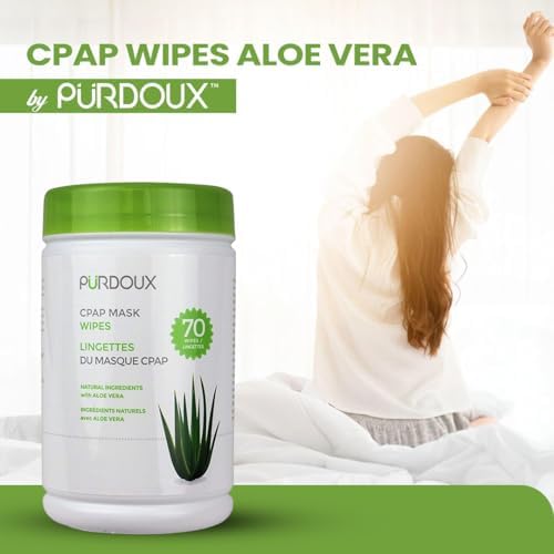 PURDOUX 100% Cotton CPAP Mask Wipes Canister Unscented with Aloe Vera (70 wipes) - CPAP Supplies, CPAP Accessories, CPAP Cleaning Supplies for CPAP Machine | Aloe Vera Infused, Alcohol Free, Silicone Safe, Removes Dirt & Facial Oils, Gentle Cleaning, CPA…