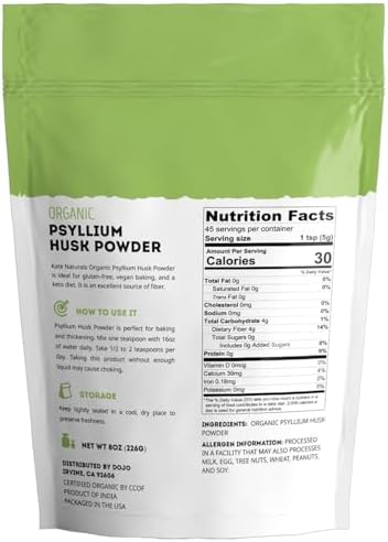 Kate Naturals Psyllium Husk Powder for Fiber and Baking Bread, 12oz | Organic, Gluten Free, Fine Ground, For Digestion, Mixes Easily with Juice & Smoothies