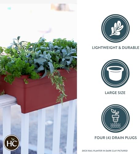 The HC Companies 24 Inch Deck Rail Box Planter Lightweight Outdoor Plastic Plant Pot for Herbs and Flowers, White
