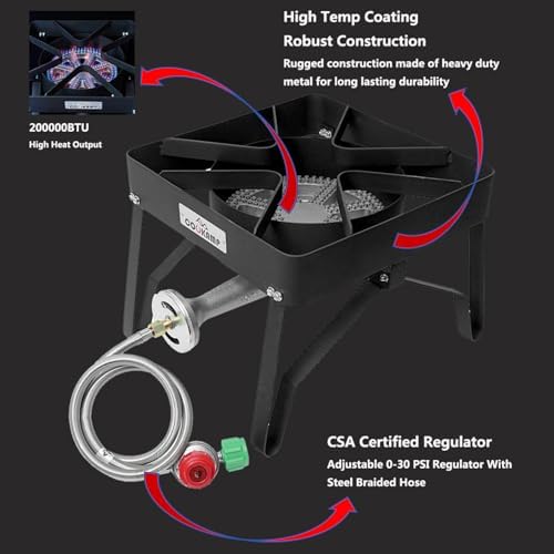 COOKAMP High Pressure 200000 BTU Banjo 1-Burner Outdoor Propane Burner Gas Cooker with 0-30 PSI Adjustable Regulator and Steel Braided Hose (Balck)