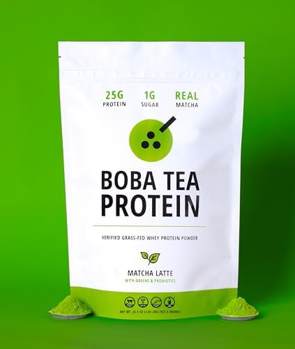 Boba Tea Protein Matcha Latte | 25g Grass-Fed Whey Protein Isolate Powder | Gluten-Free & Soy-Free Bubble Tea Protein Drink | Real Ingredients &