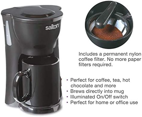 Salton 1 Cup Mini Compact Drip Coffee Maker with Reusable Mesh Filter for Coffee Grounds