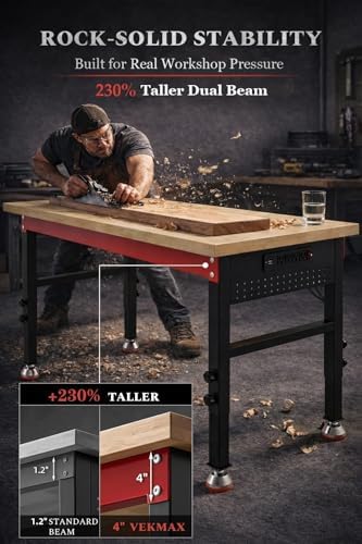 60" Heavy Duty Workbench, 2500 LBS Load Capacity Work Bench with 1.2" Laminated Oak Wood Top & Reinforced Steel Frame, Adjustable Height Work Table for Garage, Workshop, Office, Home (Casters)