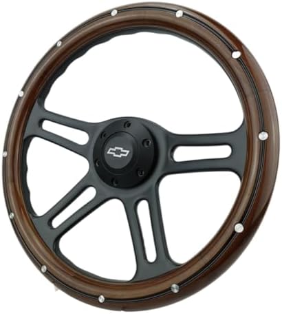 14" Billet Black Aluminum Steering Wheel w/Real Mahogany Wood Rivet Half wrap & Chevy Engraved Horn