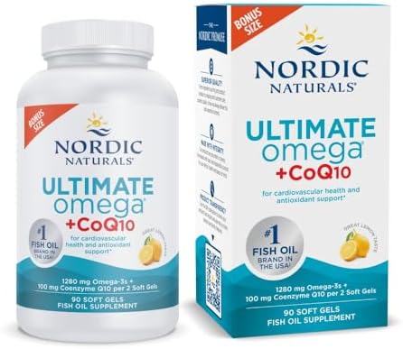 Nordic Naturals Ultimate Omega + CoQ10, Lemon - 60 Soft Gels - 1280 mg Omega-3 + 100 mg CoQ10 - Heart Health, Cellular Energy, Antioxidant Support - Non-GMO - 30 Servings
