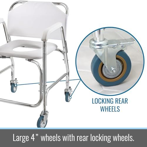 DMI Rolling Shower Chair, Commode, Transport Chair, FSA Eligible, Rolling Bathroom Wheelchair for Handicap, Elderly, Injured or Disabled