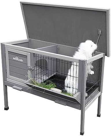 Rabbit Hutch, Wooden Bunny Cages Indoor with Deeper Leakproof Tray - Upgrade with Metal Wire Pan (Grey, Rabbit Hutch #001-B) Large