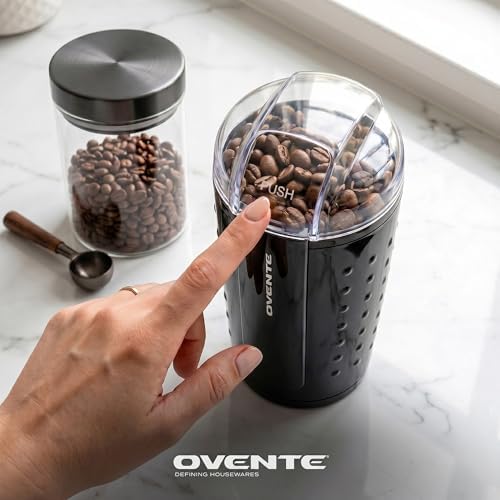 OVENTE Electric Coffee Grinder with One Touch Push-Button, White CG225W | 2.5oz Capacity, 150W Motor, Stainless Steel Blades for Uniform Grinding of Beans, Spices, Herb, Nuts & More, Safety Lock Lid