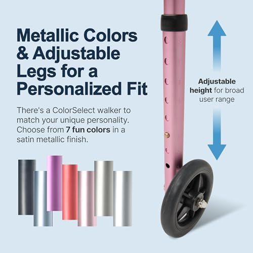 Lumex ColorSelect Walkers for Seniors, Rolling & Folding Adult Walker with Wheels, Pink