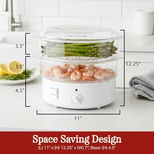 Classic Cuisine 2-Tier Vegetable Steamer and Rice Cooker, 120V 60Hz 800W | 6.3 Quart Electric Steamer for Cooking Healthy Fish, Eggs, Vegetables, Rice