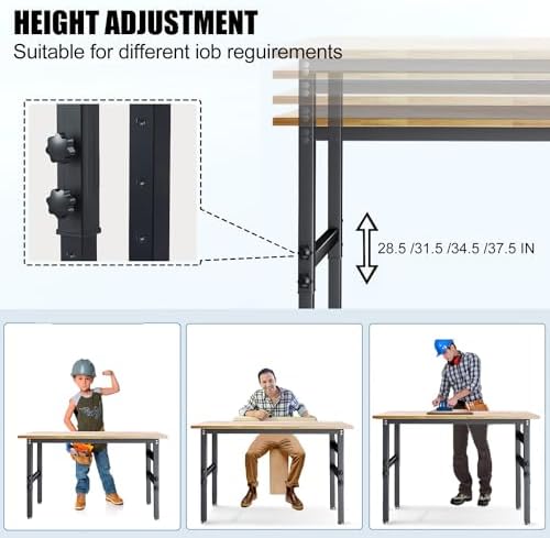 60in Adjustable Height Workbench Desk with Drawers,Power Outlets, Rubber Wood Top Heavy-Duty Work Table, 2000 LBS Load Capacity Work Station for Garage, Workshop, Office, Home